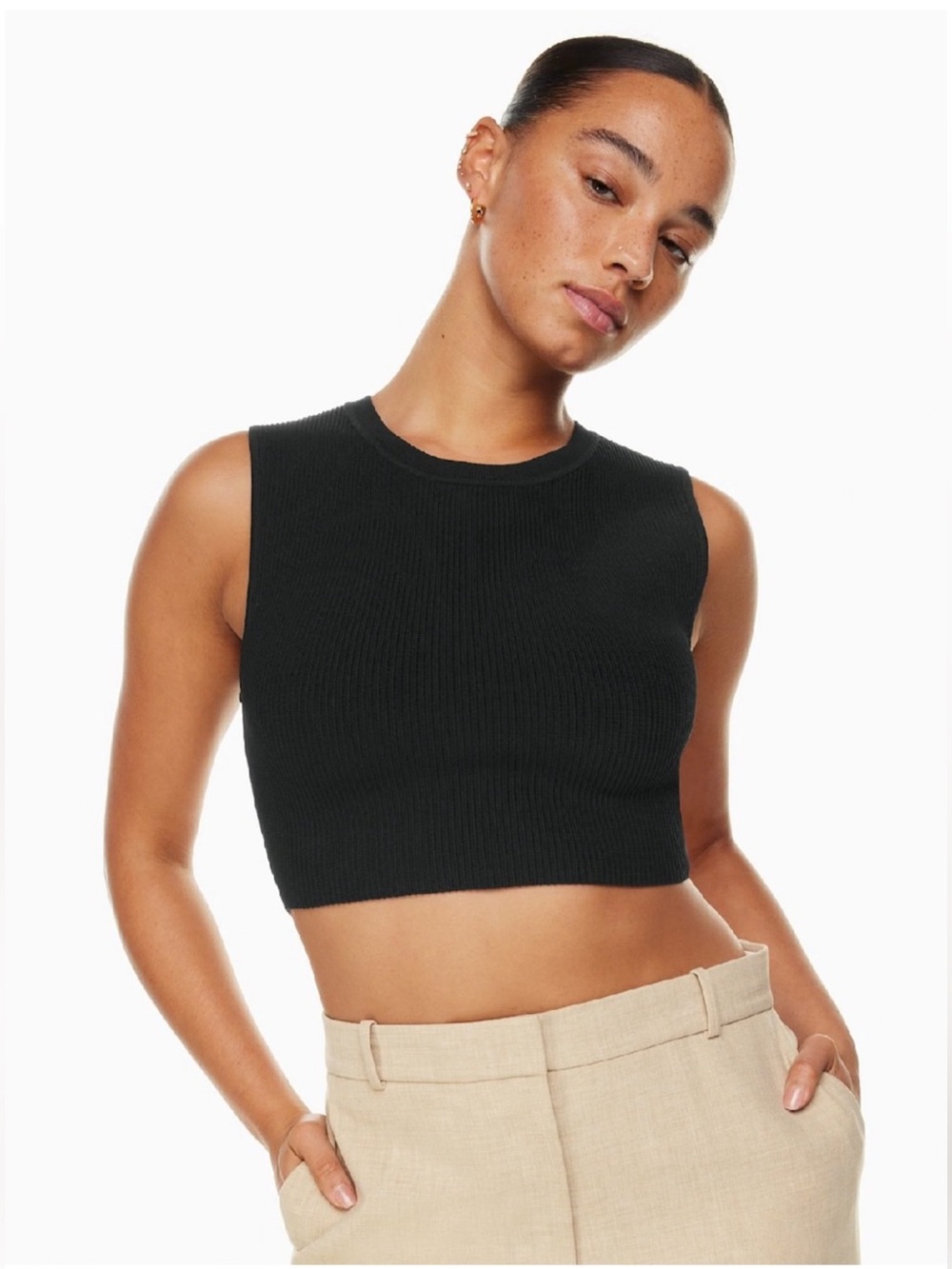 Aritzia Babaton Sculpt Knit Muscle Cropped Tank in Black Ribbed Top